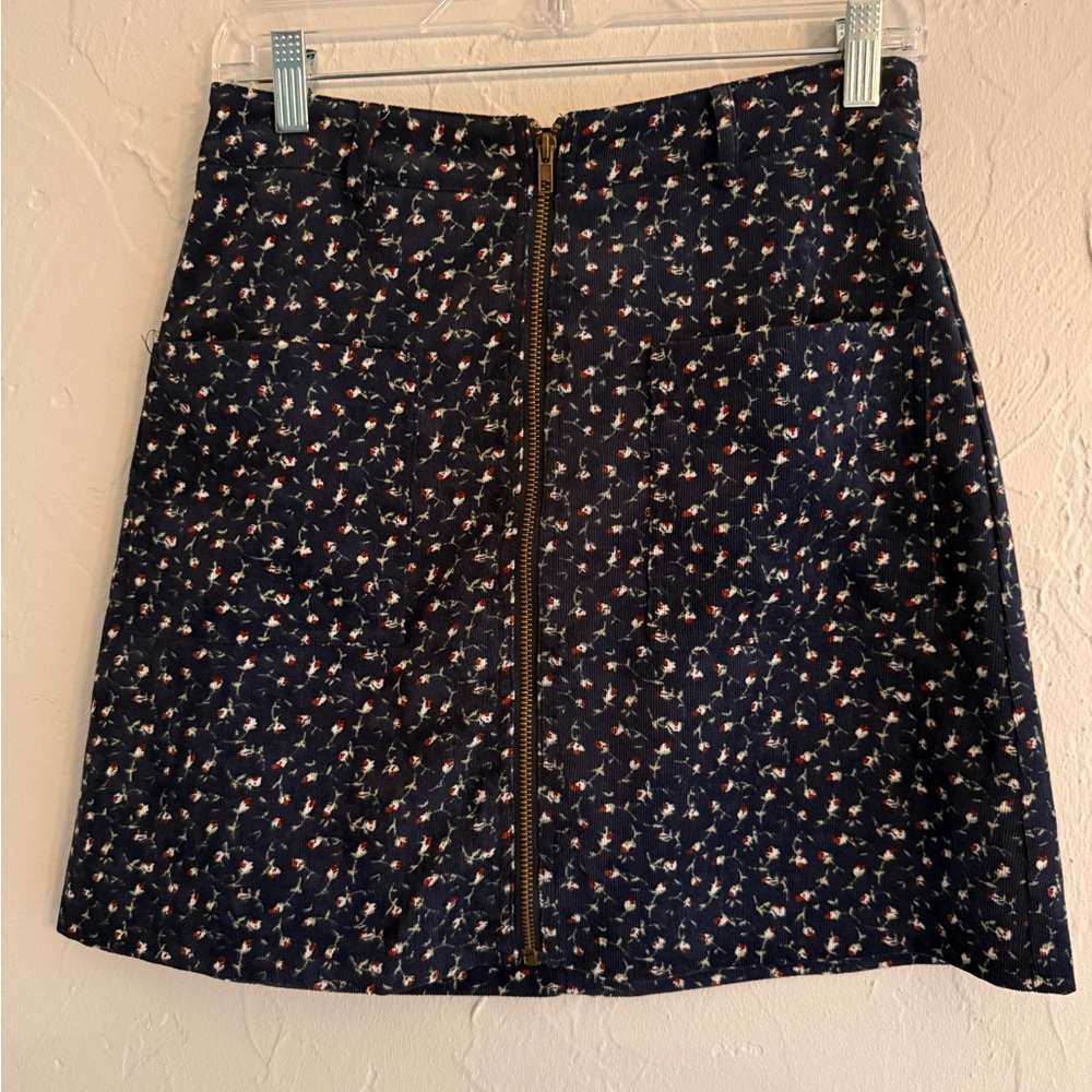 Navy Floral Mini Skirt with Front Zipper